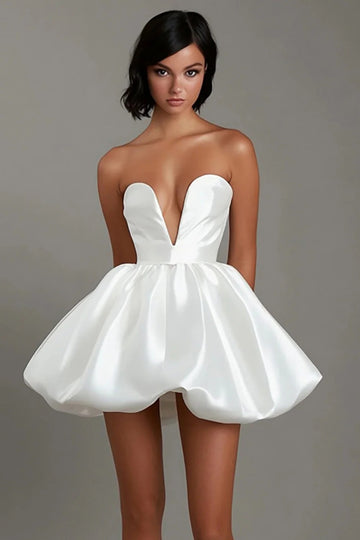 White Satin Strapless A Line Short Graduation Dress